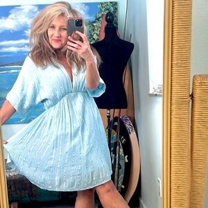 Vici, Silver Threaded, Dolman Sleeves, Low V-Neck,Gorgeous Soft Blue, Size Small